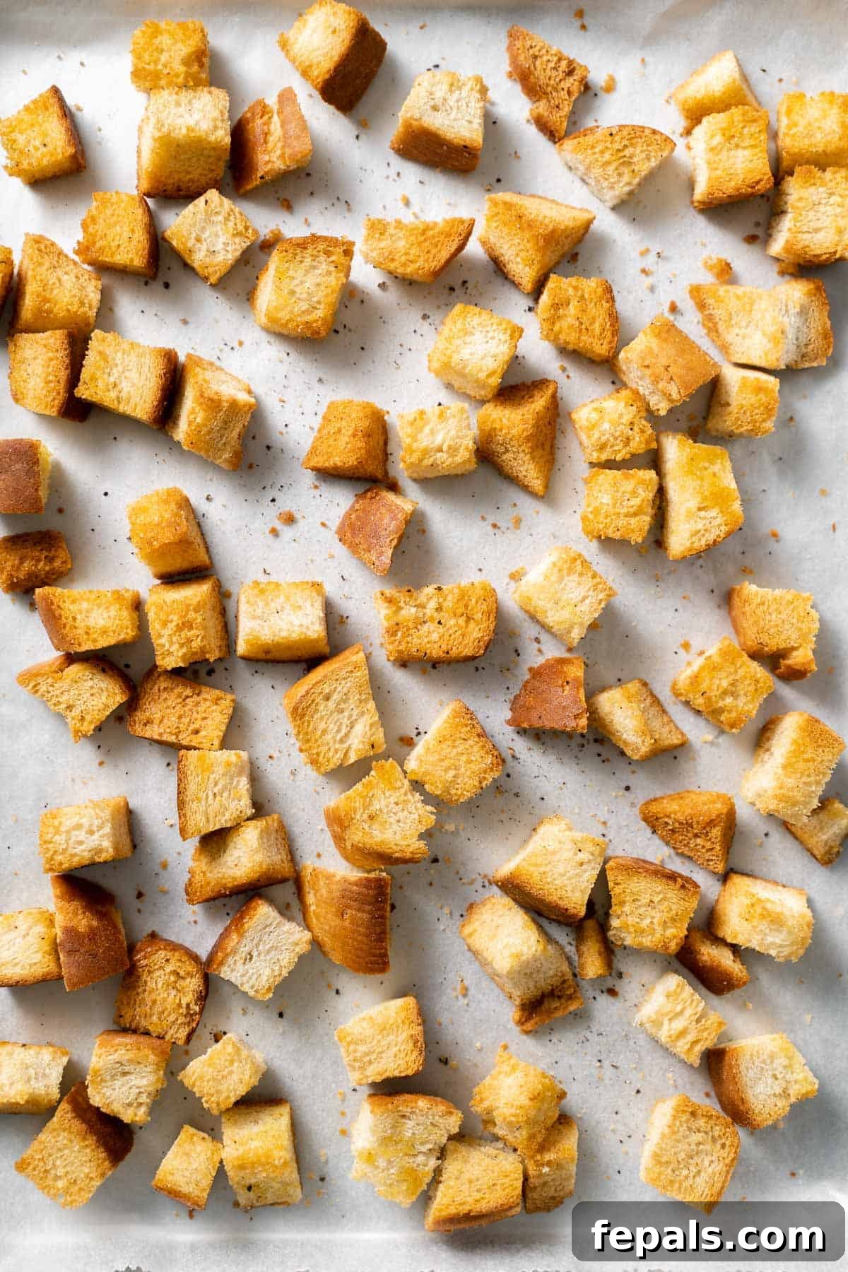 Homemade Croutons Recipe top view of golden croutons on baking sheet