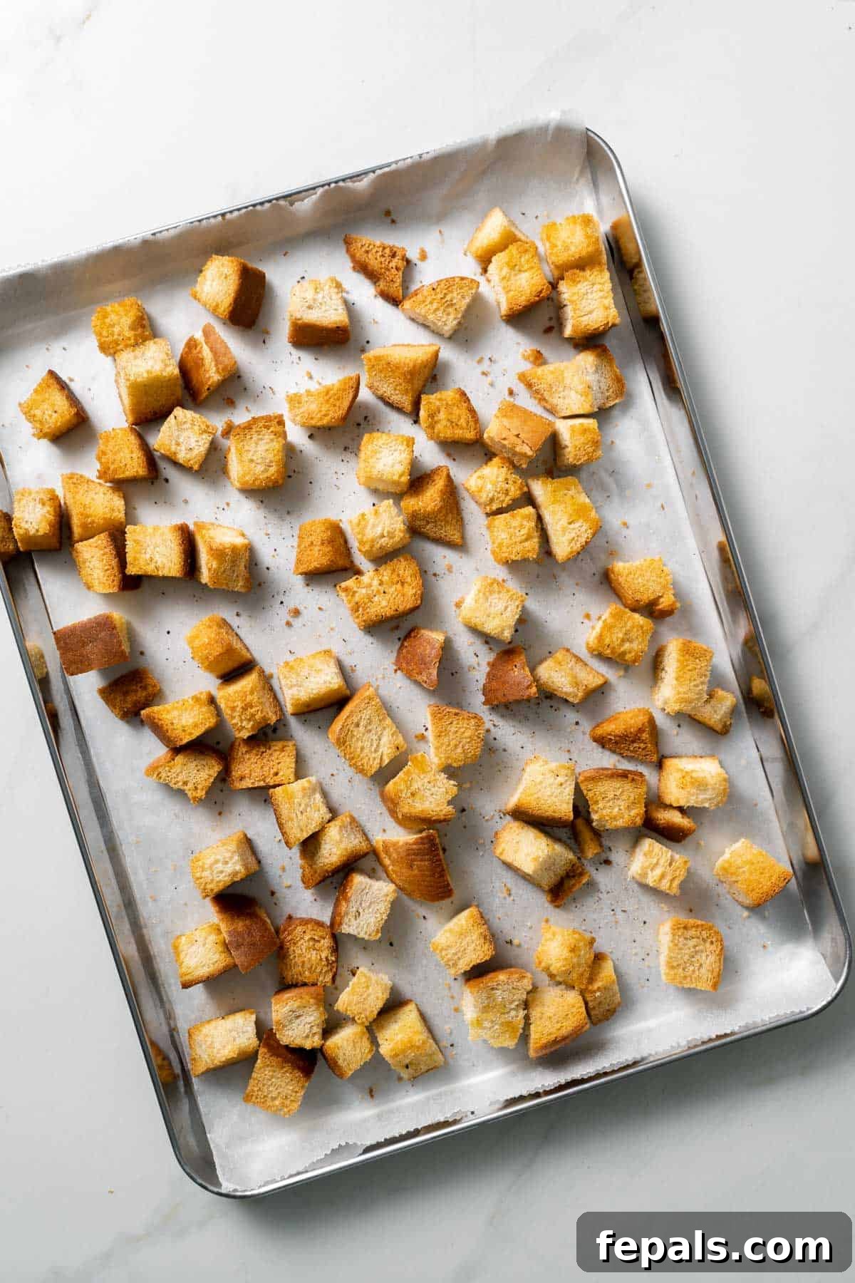 How To Make Croutons golden baked croutons on baking sheet with parchment paper