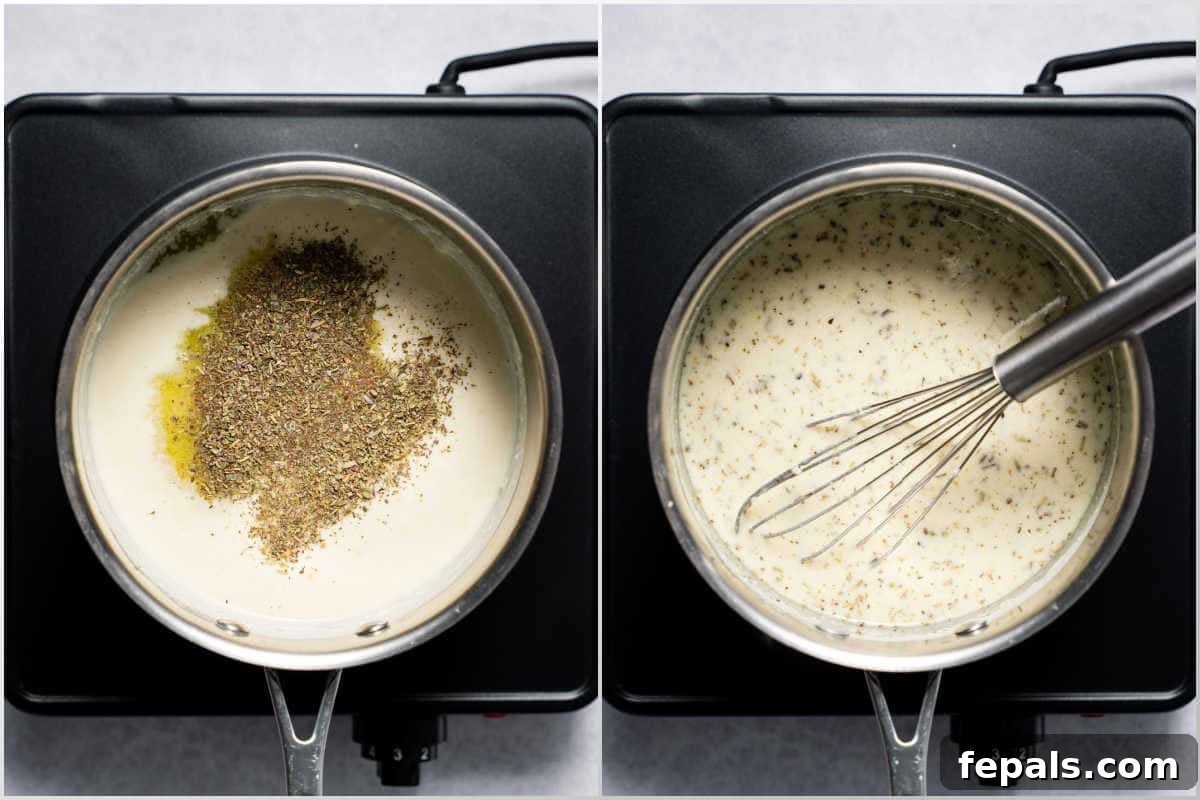 Whisking vegetable stock, salt, pepper, and Italian seasoning into the creamy Alfredo sauce base, allowing it to thicken.