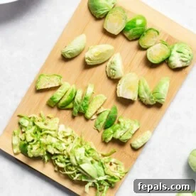 Flawless Brussels Sprout Preparation 3 top view of brussel sprouts cut 4 ways on a cutting board
