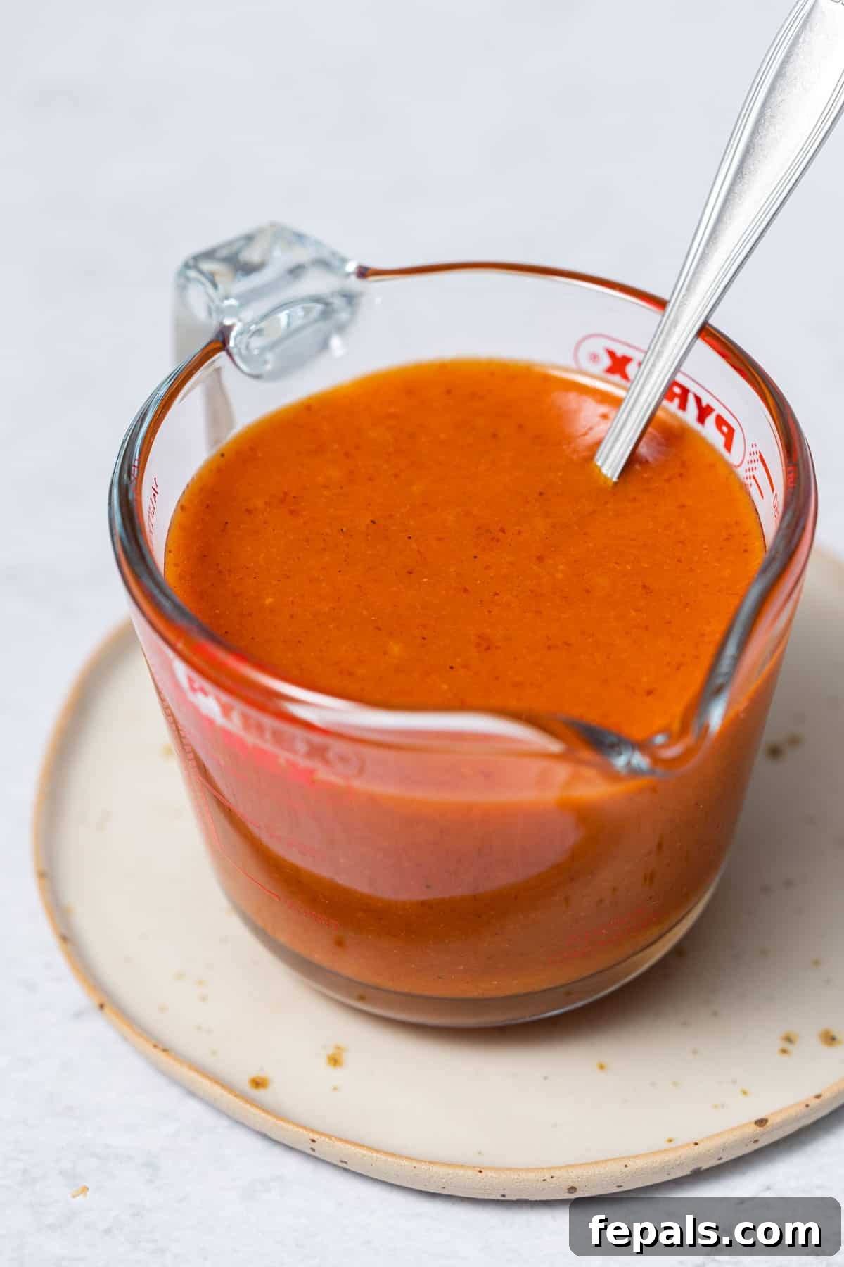 A measuring cup brimming with golden-orange homemade buffalo sauce, with a spoon dipped inside, ready for serving.