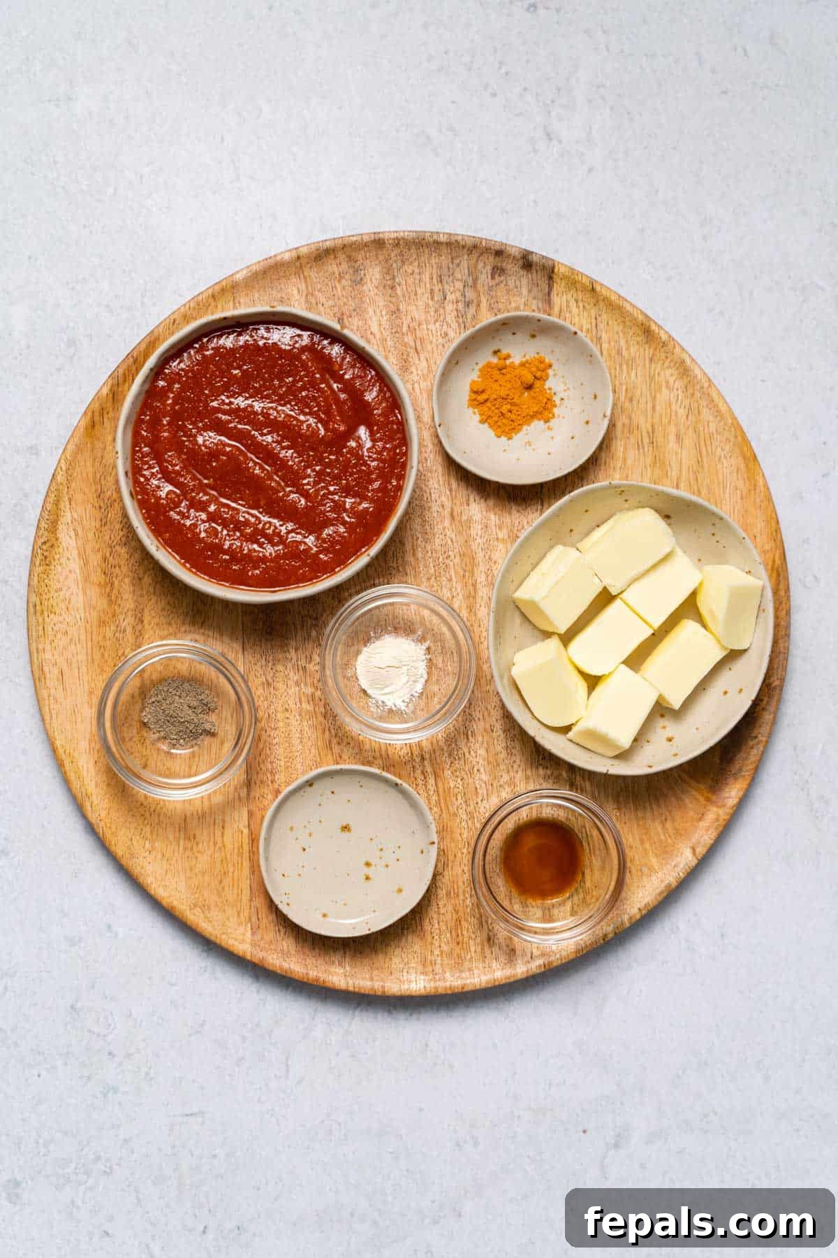 Small white bowls holding the individual ingredients for buffalo sauce: hot sauce, melted butter, black pepper, vibrant red cayenne pepper, fragrant garlic powder, clear white vinegar, and rich Worcestershire sauce, arranged neatly on a wooden surface.
