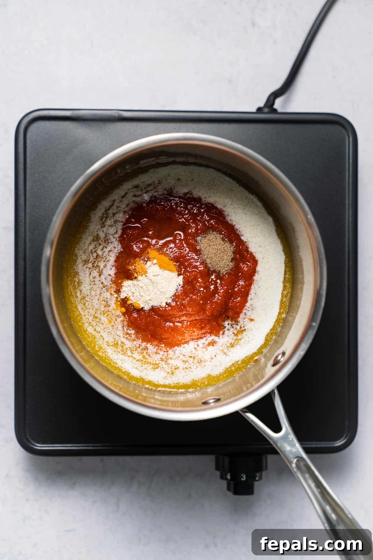 All the buffalo sauce ingredients – hot sauce, melted butter, white vinegar, Worcestershire sauce, cayenne pepper, black pepper, and garlic powder – combined in a saucepan, with a whisk poised above, ready to mix.
