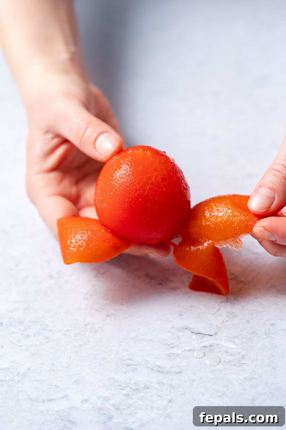 The Simple Trick to Perfectly Peeled Tomatoes 8 A pair of hands delicately removing a strip of skin from a blanched tomato, illustrating the ease of the peeling process.