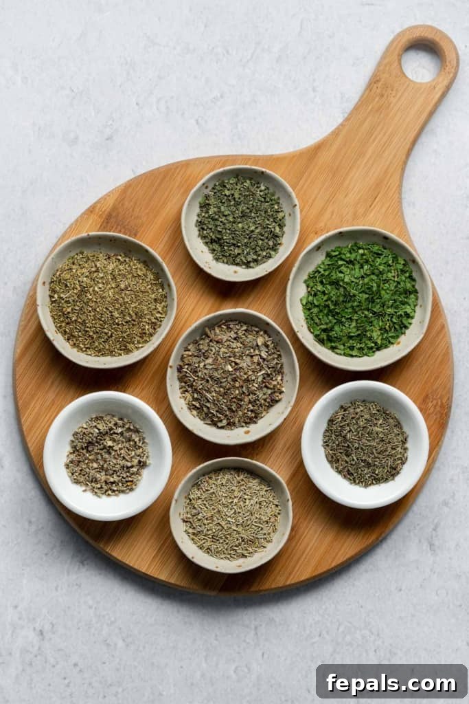 Craft Your Own Italian Herb Blend 2 dried basil, marjoram, oregano, parsley, rosemary, thyme, and sage in bowls