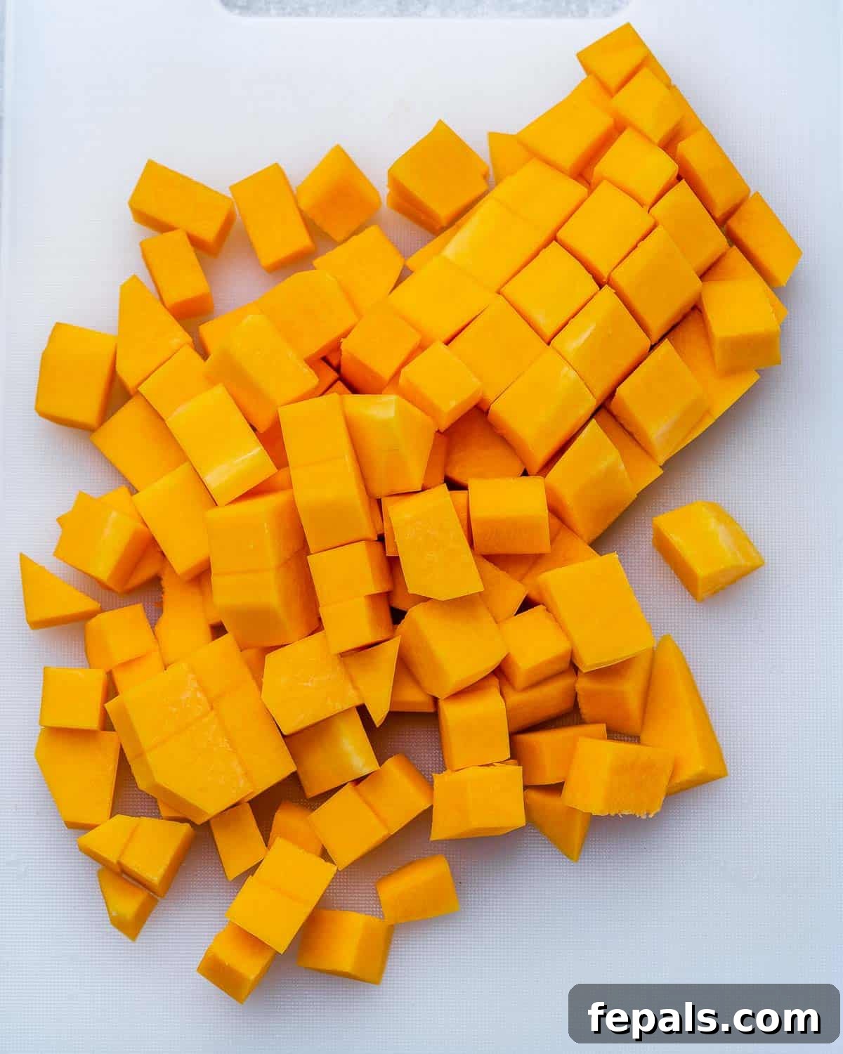 Close-up of freshly chopped butternut squash cubes on a wooden cutting board, ready for roasting.