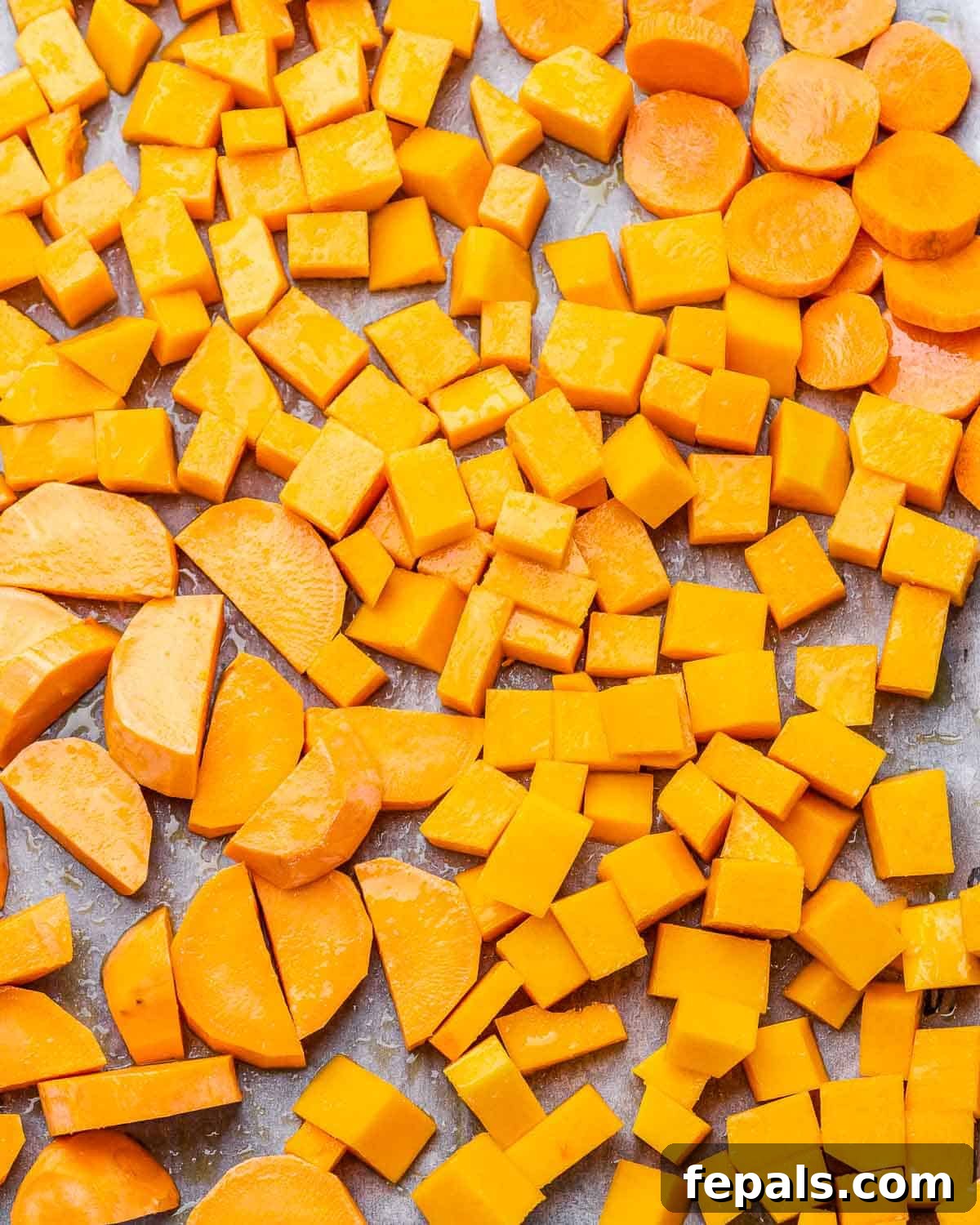 Cubed butternut squash, sliced carrots, and chopped sweet potatoes evenly spread on a parchment-lined sheet pan, seasoned with salt and pepper.