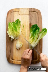 slicing the bottom off romaine hearts
