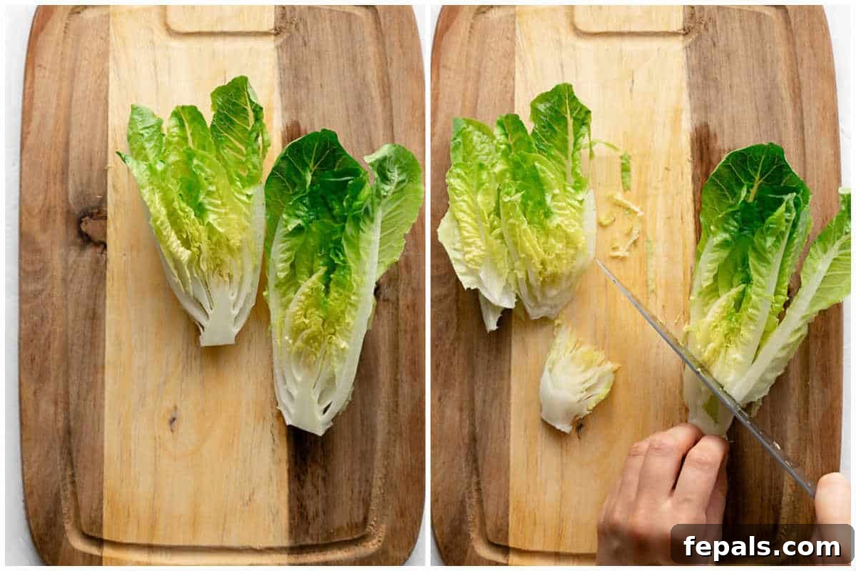 Process shot illustrating how to remove the hard white core from the base of a romaine lettuce half.