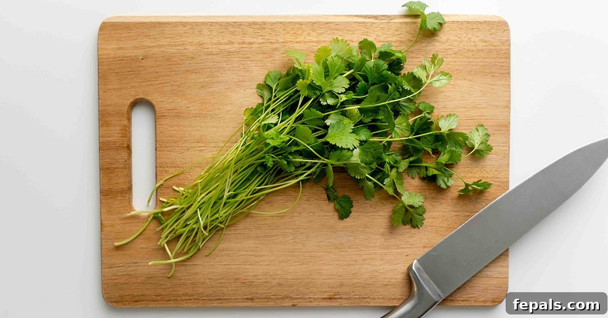 How To Cut Cilantro cilantro on wooden cutting board