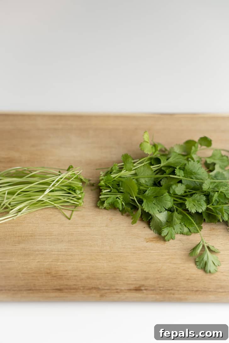 How To Cut Cilantro stems cut from leaves atop cutting board