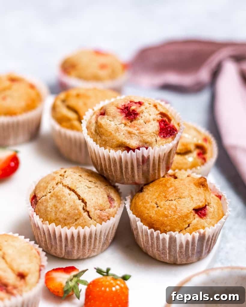 Wholesome Strawberry Muffins 3 Stacked strawberry muffins, showcasing their soft texture.