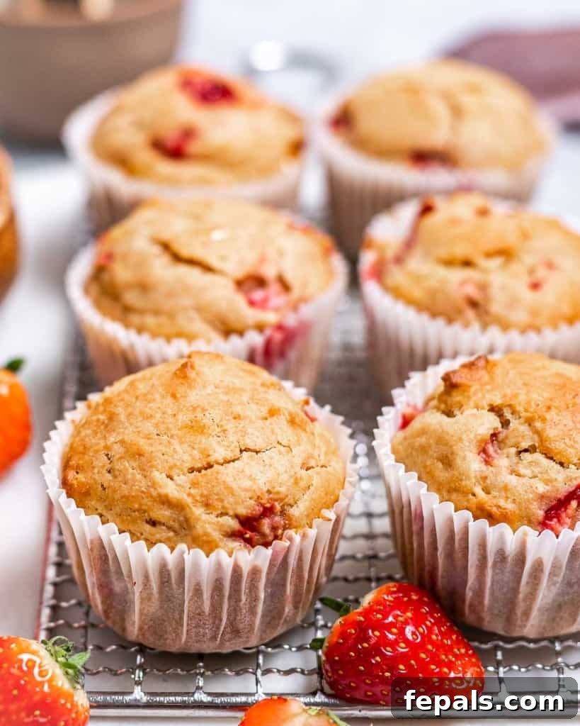 Wholesome Strawberry Muffins 10 Strawberry muffins cooling on a wire rack.