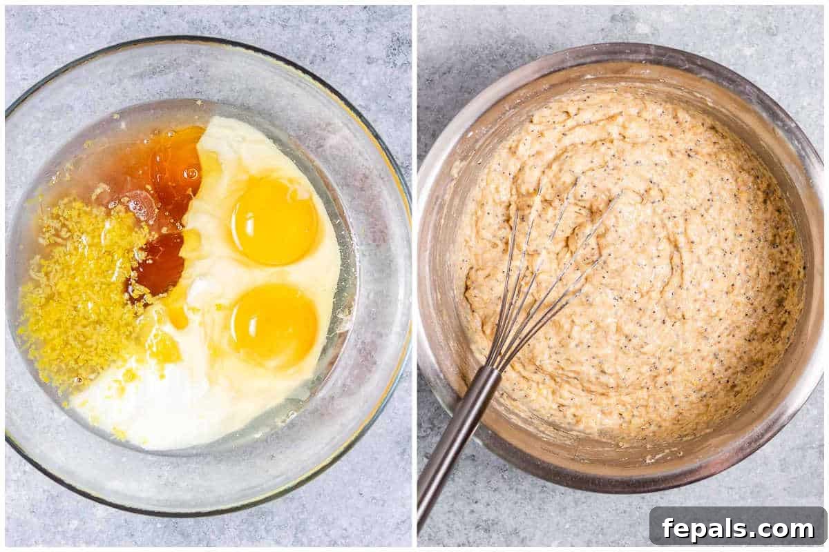 A candid process shot showing all the dry ingredients, including different flours, poppy seeds, and leavening agents, being expertly whisked together in a spacious mixing bowl, ready for the next stage of muffin batter preparation.