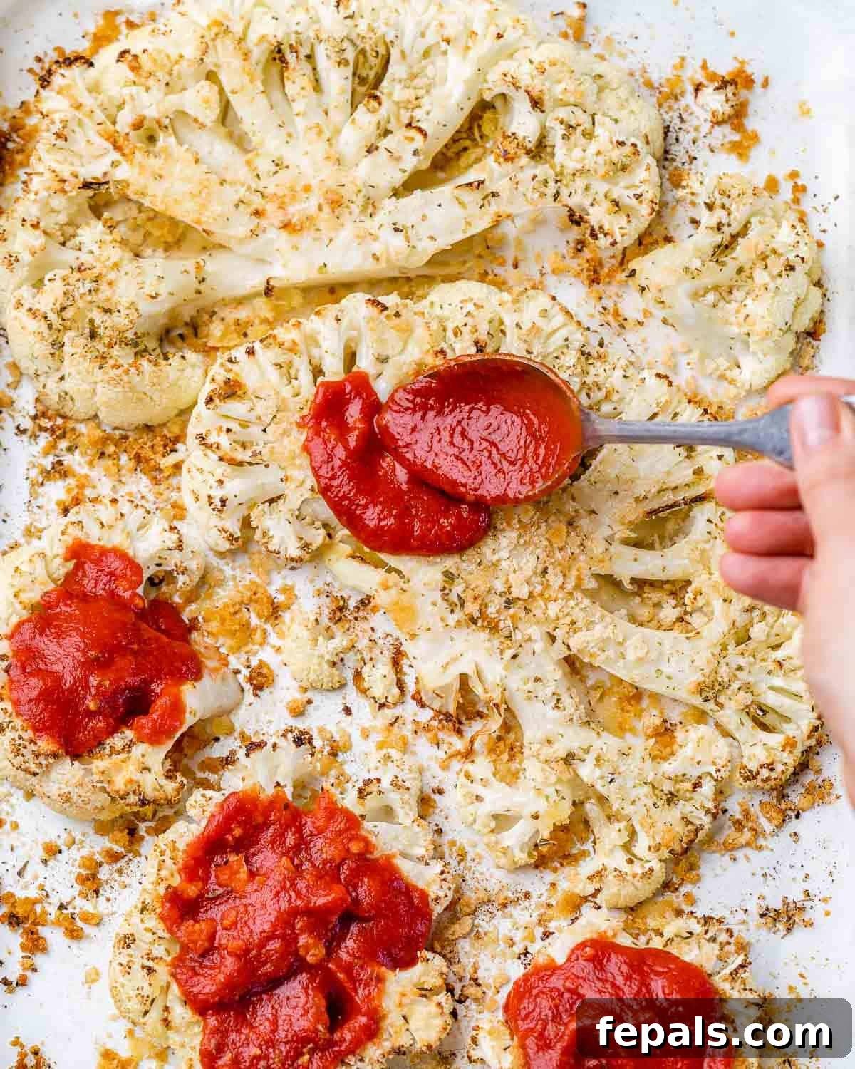 hand holding spoon and spreading marinara sauce over the baked cauliflower steaks