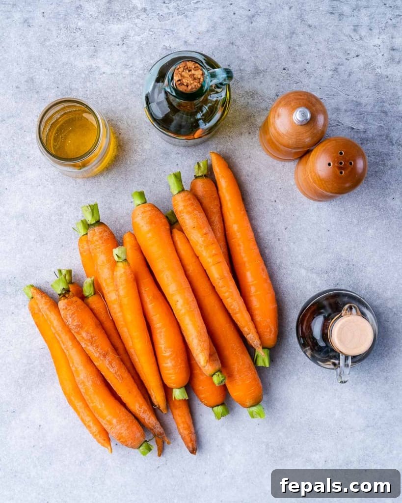 Honey-Kissed Balsamic Roasted Carrots 4 Carrots cut lengthwise with oil, vinegar, salt and pepper.