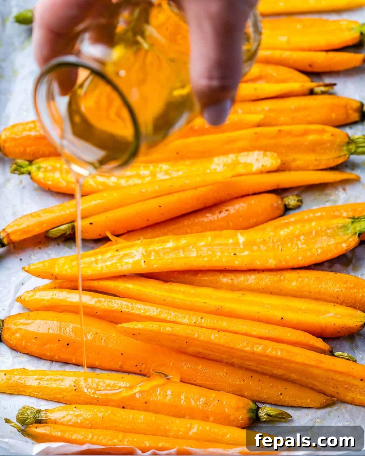 Honey-Kissed Balsamic Roasted Carrots 6 Drizzling carrots with olive oil.