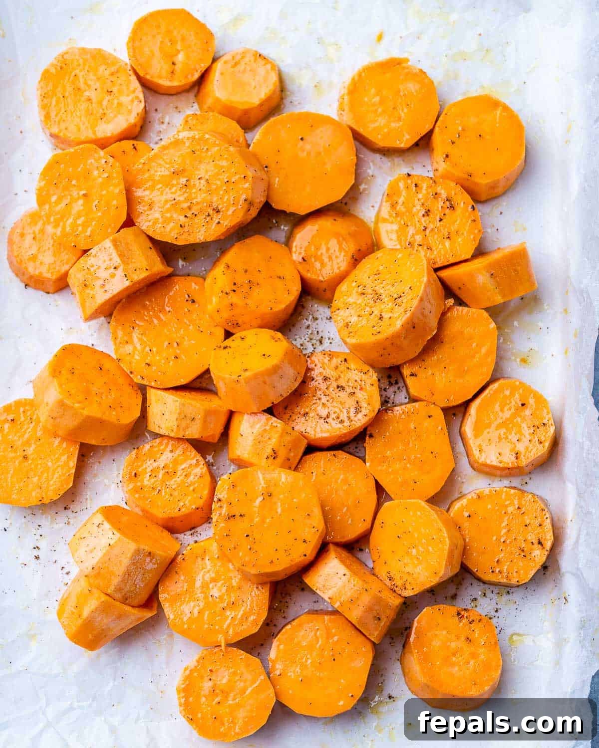 Caramelized Sweet Potatoes 6 Sweet potato rounds spread out in a single layer on a parchment-lined baking sheet, seasoned with oil, salt, and pepper.