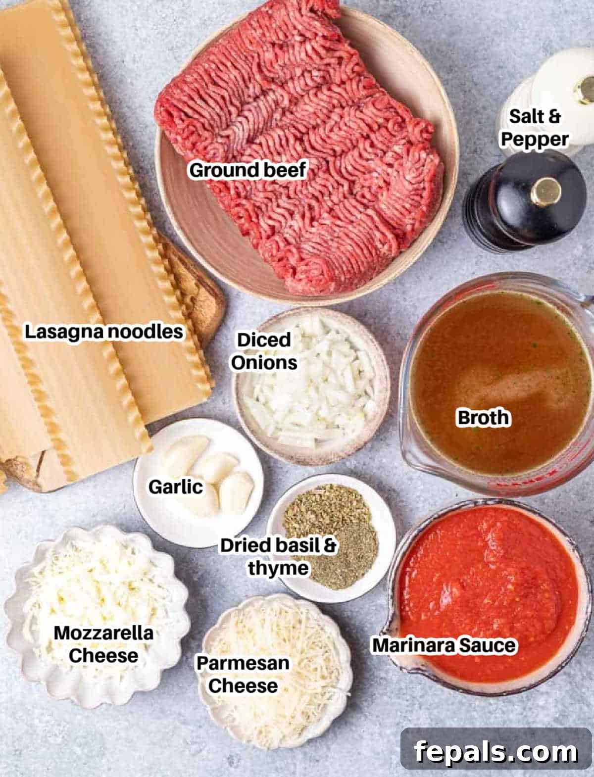 Hearty Lasagna Soup 4 A vibrant flat lay image showcasing all the fresh and packaged ingredients neatly arranged to make a delicious lasagna soup.
