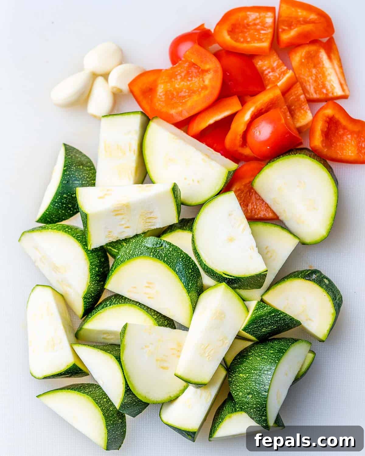 Chopped zucchini, minced garlic, and diced bell pepper prepared for the second stage of roasting.