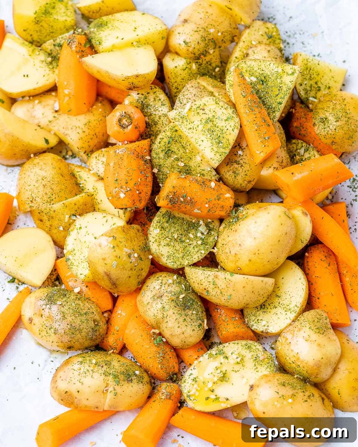 Tossing baby potatoes and carrots with seasoning and olive oil on a baking sheet.