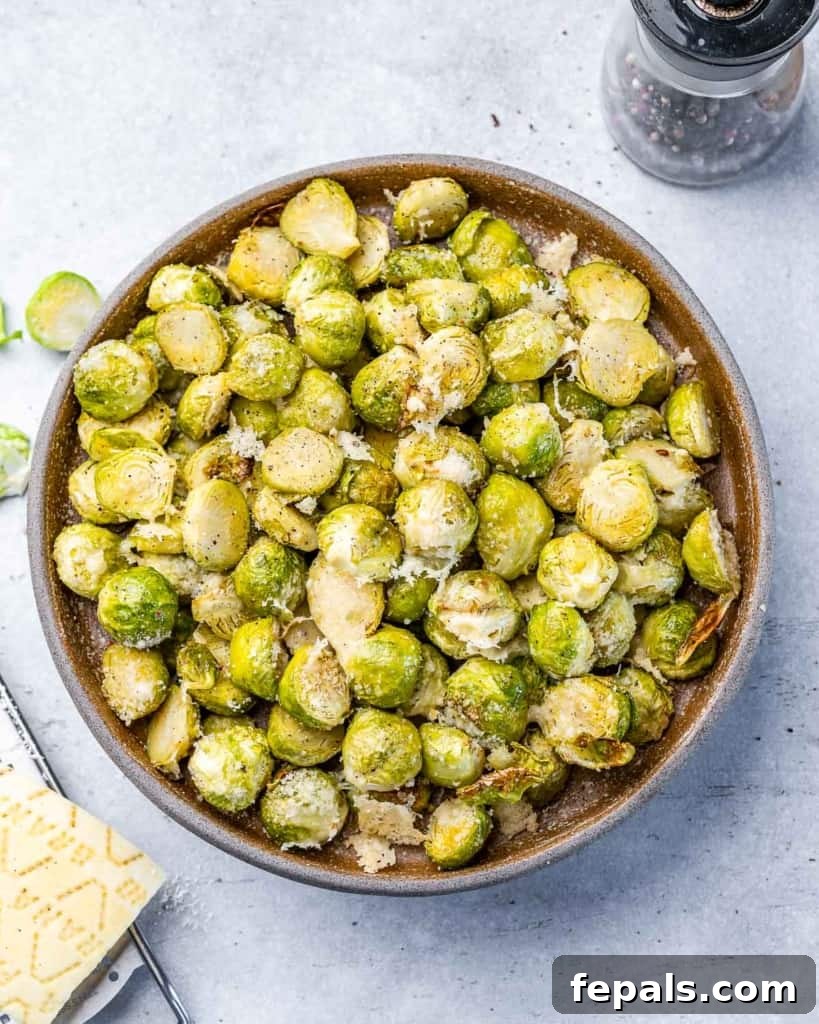 top view roasted brussel sprouts in a round bowl 
