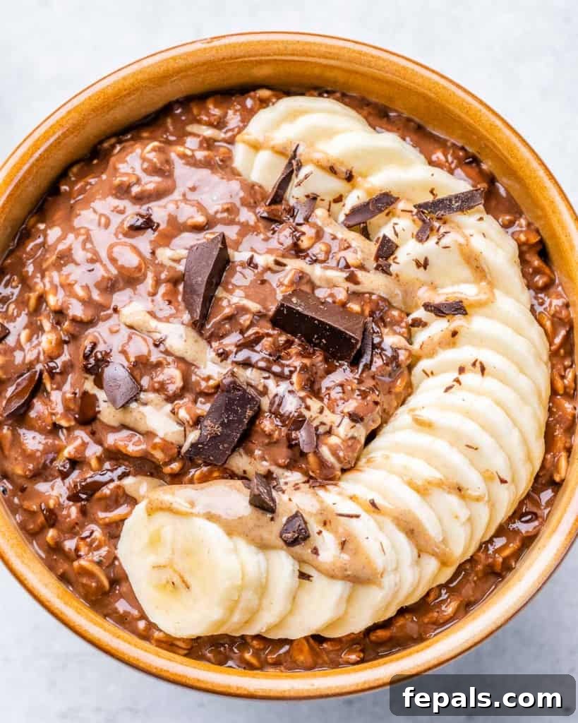 top close up view of chocolate oatmeal in a bowl