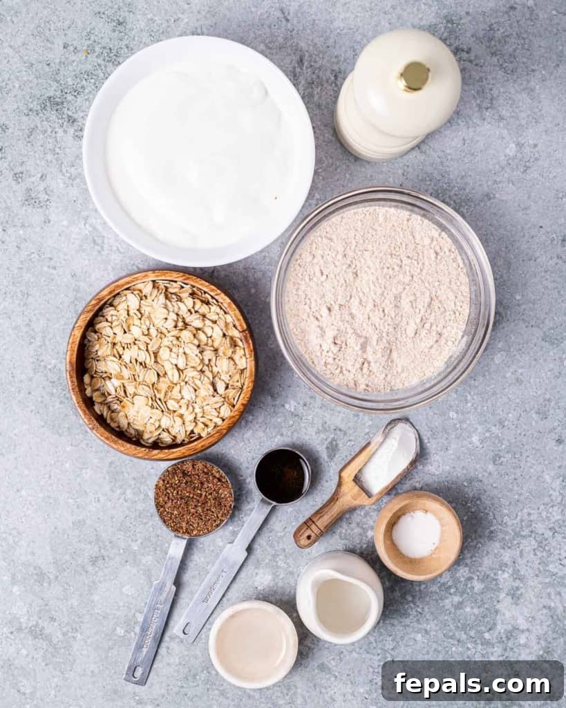 Ingredients divided into portions for making a vegan pancake recipe.