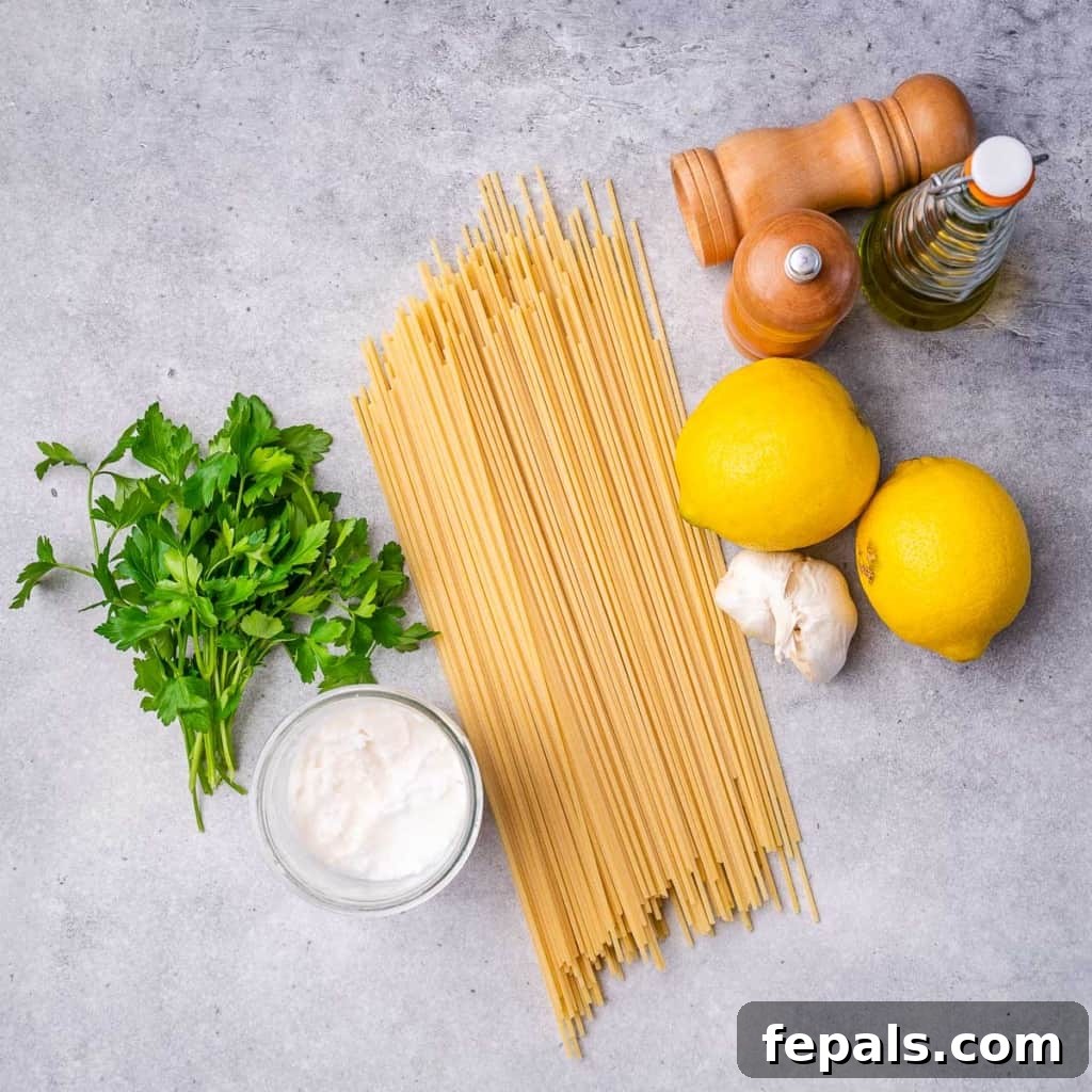 Luscious Vegan Lemon Pasta 4 Ingredients for making creamy lemon pasta laid out on a surface.