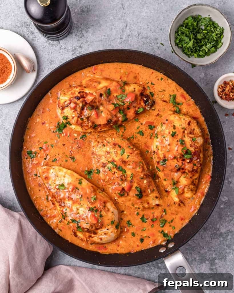 Skillet Peri Peri Chicken: Creamy & Zesty 2 Peri peri chicken cooking in a rich red sauce within a black skillet, garnished with fresh herbs.