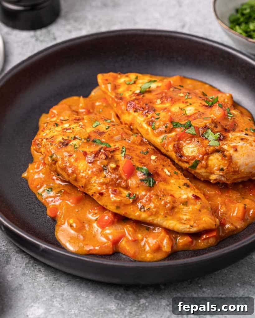 Skillet Peri Peri Chicken: Creamy & Zesty 12 A serving of creamy peri peri chicken served on a black plate, with a fork ready to dig in.