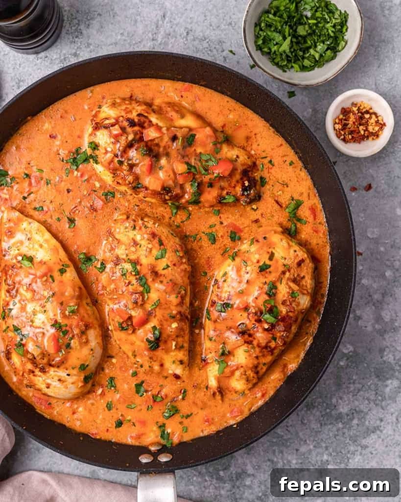 Skillet Peri Peri Chicken: Creamy & Zesty 13 A top-down view of creamy peri peri chicken breast in a vibrant red sauce in a black skillet.