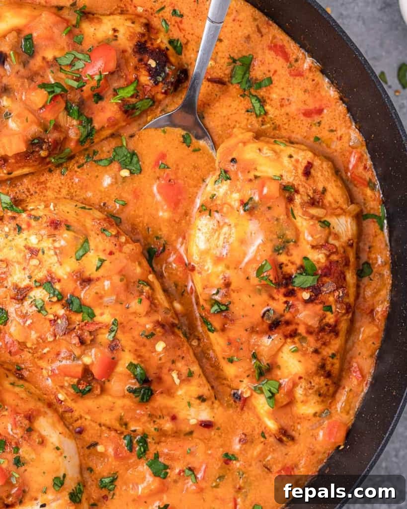 Skillet Peri Peri Chicken: Creamy & Zesty 4 Perfectly cooked chicken breast coated in a luscious, reddish creamy sauce in a skillet.