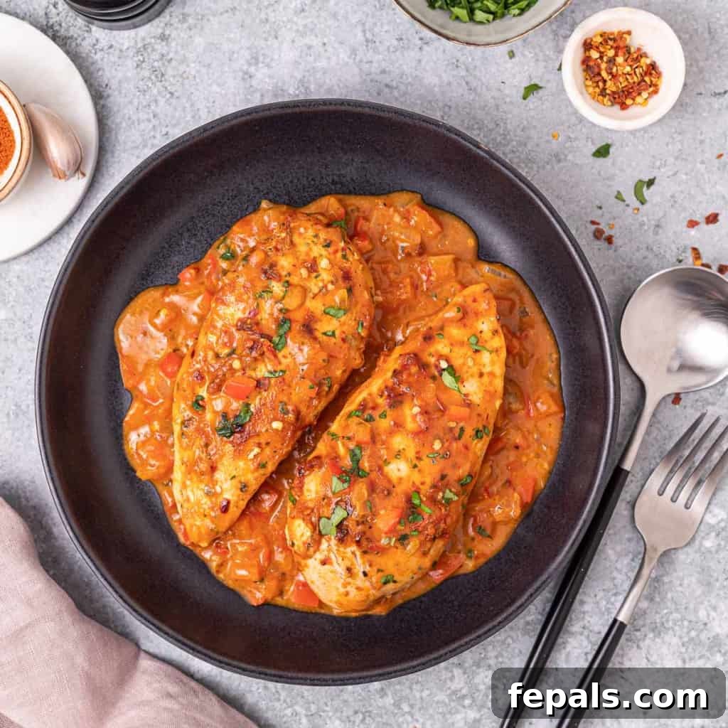 Skillet Peri Peri Chicken: Creamy & Zesty 10 A top-down view of a serving of creamy peri peri chicken breast on a black round plate, garnished with fresh herbs.