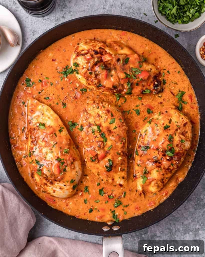 Skillet Peri Peri Chicken: Creamy & Zesty 11 A close-up, top-down view of peri peri chicken breast in a black skillet with creamy red sauce and chopped herbs.