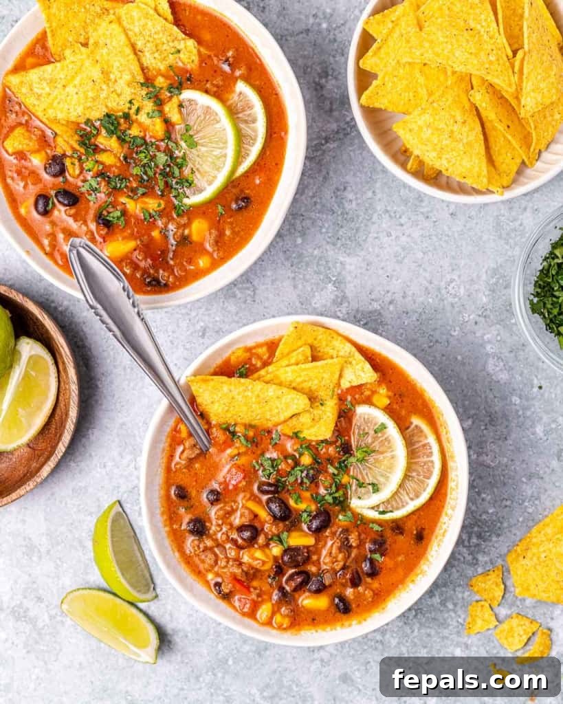 Southwest Creamy Beef Enchilada Soup 2 Bowls of creamy beef enchilada soup served with crispy tortilla chips, fresh cilantro, and lime wedges.
