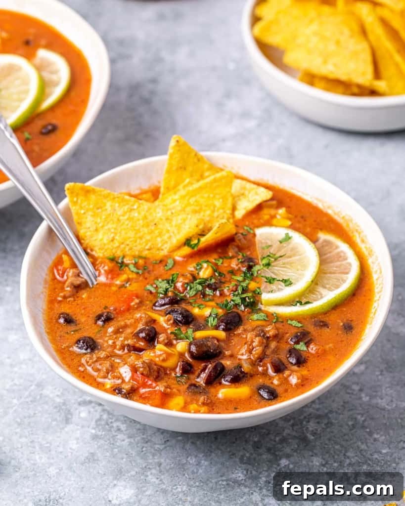 Southwest Creamy Beef Enchilada Soup 11 A pristine white bowl generously filled with creamy beef enchilada soup, ready to be served.