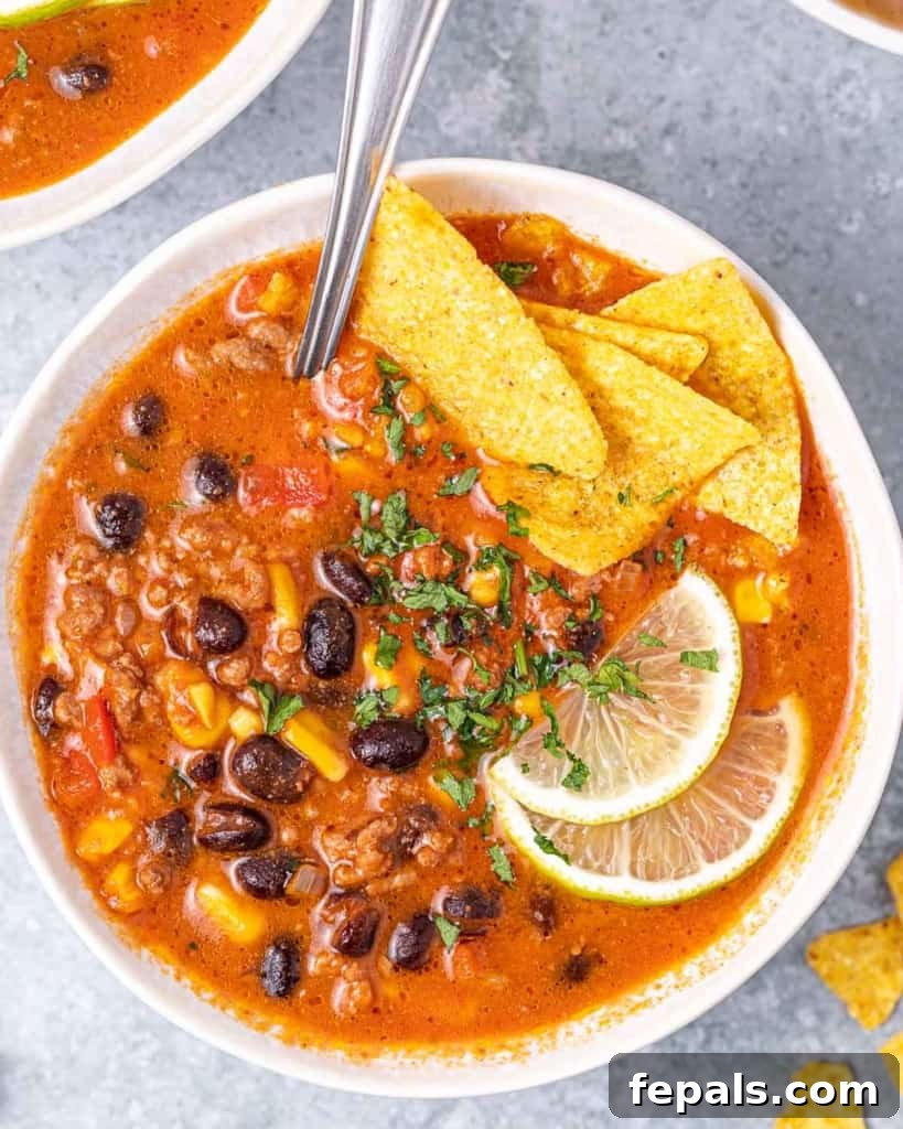 Southwest Creamy Beef Enchilada Soup 3 A vibrant bowl of beef enchilada soup garnished with fresh cilantro, a lime wedge, and tortilla chips.