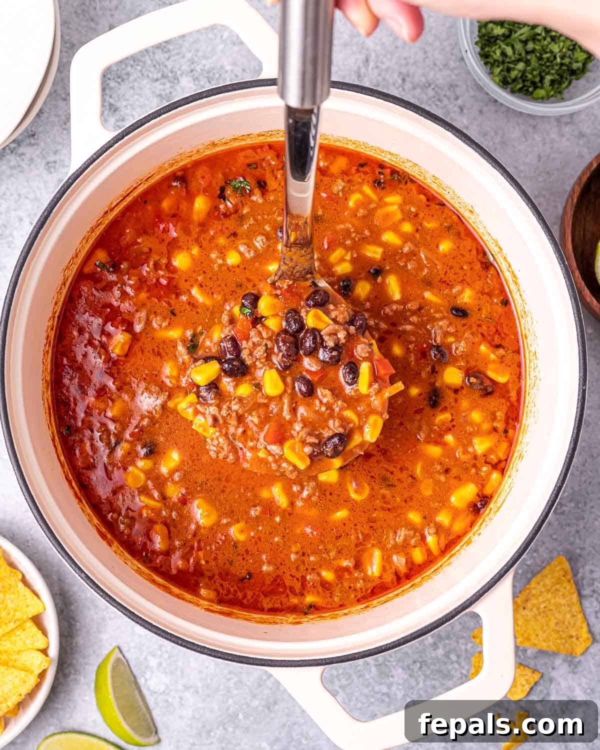 Southwest Creamy Beef Enchilada Soup 8 Ladling a serving of warm beef enchilada soup into a bowl.