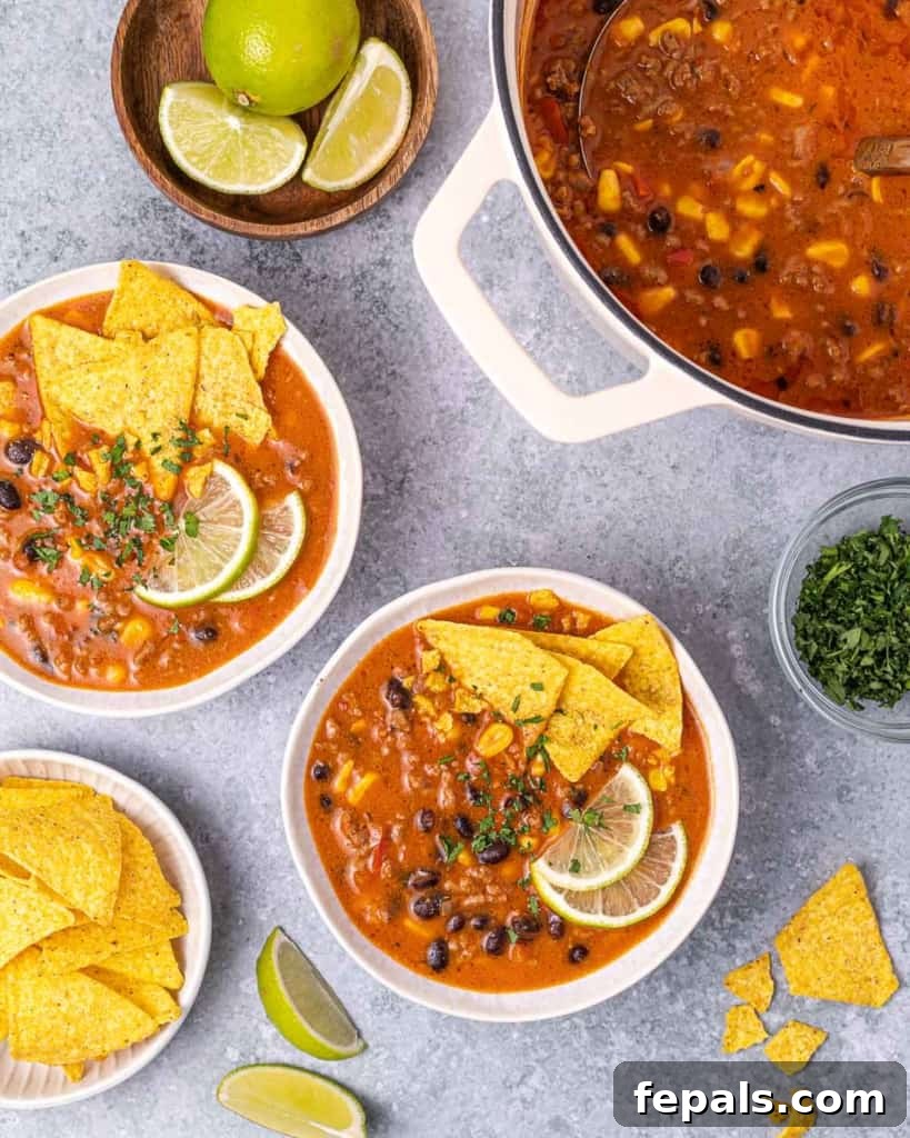 Southwest Creamy Beef Enchilada Soup 9 Three white bowls of creamy beef enchilada soup, garnished with black beans, cilantro, and tortilla chips.