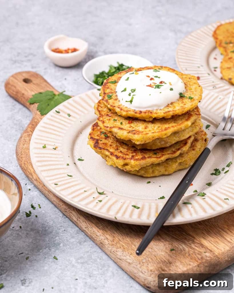 Timeless Golden Potato Fritters 2 Potato pancakes stacked and topped with sour cream, garnished with fresh herbs.