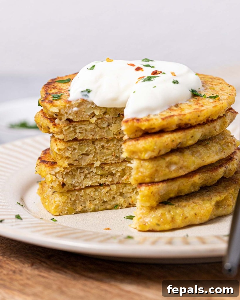 Timeless Golden Potato Fritters 11 Potato pancakes stacked on a white plate with a bite taken out, showing the fluffy interior.