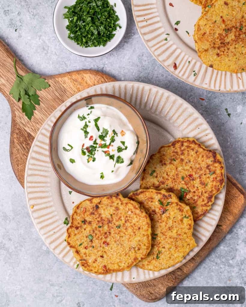 Timeless Golden Potato Fritters 3 Potato pancakes on a plate with a serving of yogurt and fresh parsley.