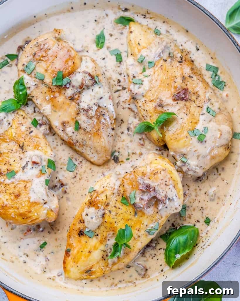 Engagement Skillet Chicken 11 top view of chicken breast in a creamy sauce, ready to be served
