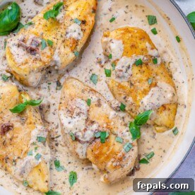 Engagement Skillet Chicken 12 top view of chicken in creamy sauce in a skillet