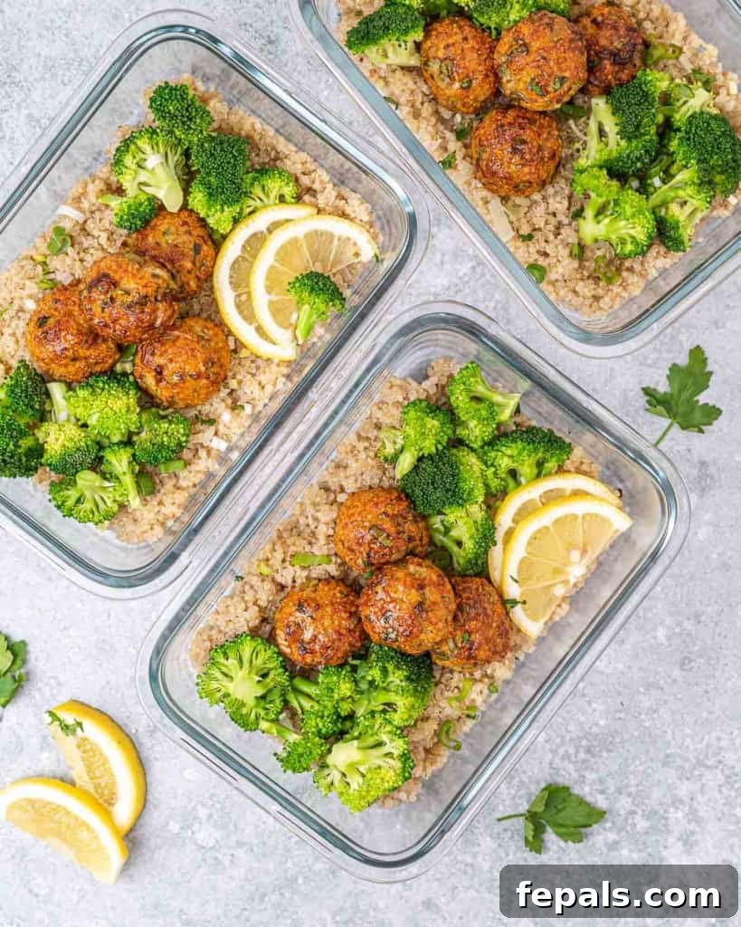 Savory Garlic Chicken Meatball Bowl 11 top view meal prep bowls with meatball quinoa and broccoli