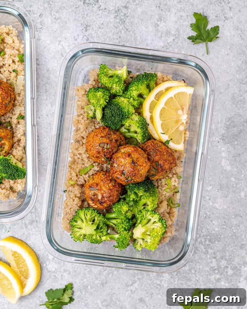 Savory Garlic Chicken Meatball Bowl 12 top view meal prep glass bowl with chicken meatballs broccoli and quinoa