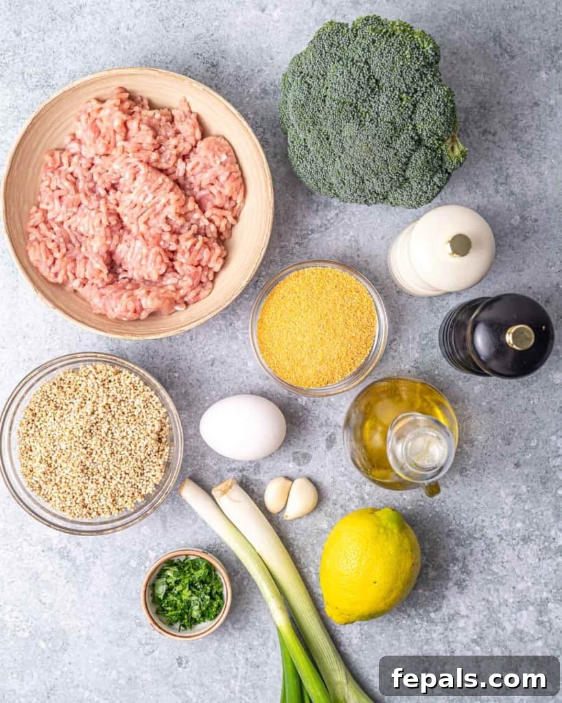 Savory Garlic Chicken Meatball Bowl 4 ingredients laid out to make chicken meatballs