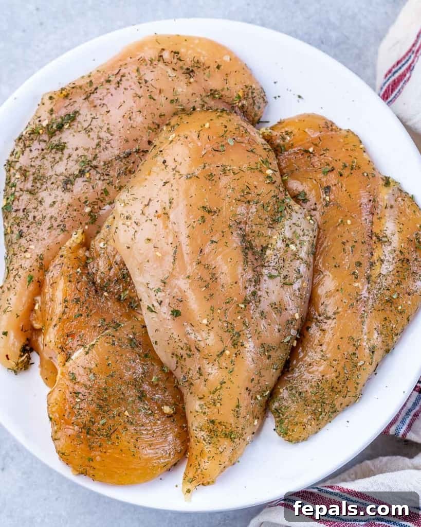 Seasoned chicken breast on a white plate.