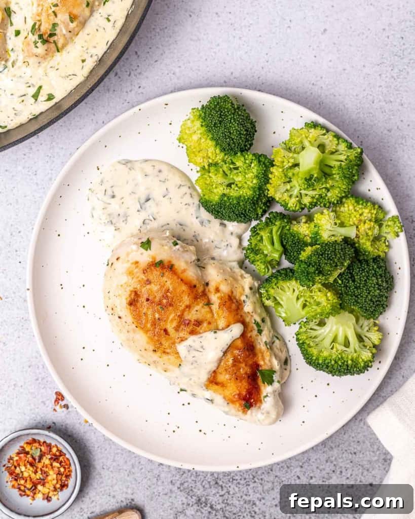 Velvety Ranch Chicken Delight 2 A serving of creamy ranch chicken on a white plate with steamed broccoli, showcasing its rich texture.
